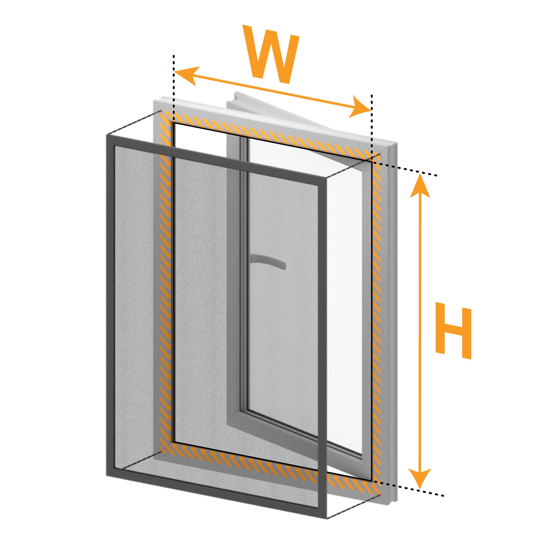 Insektu siets rāmī - izmērīšana Isometric diagram of Fliegengitter Fenster - mit Rahmen, labeled W (width) and H (height) with orange arrows and dashed lines.