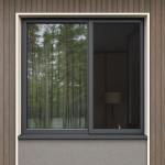 A Fliegengitter Fenster - mit Rahmen reflects trees; an indoor lamp is seen through the glass.