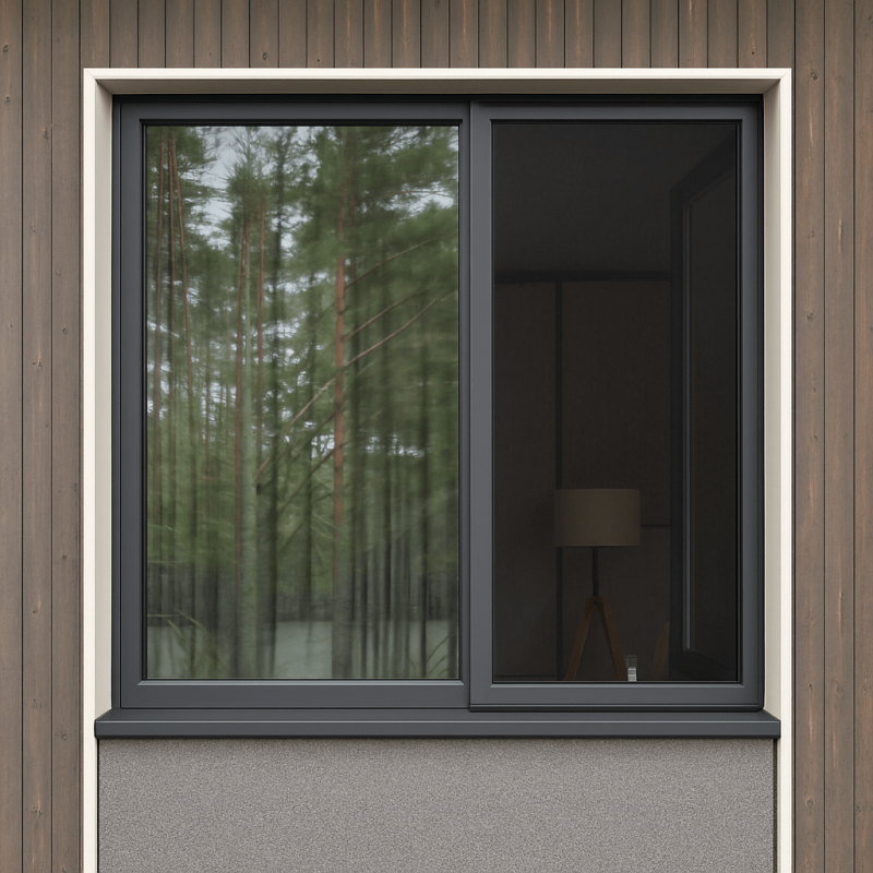 A Fliegengitter Fenster - mit Rahmen reflects trees; an indoor lamp is seen through the glass.