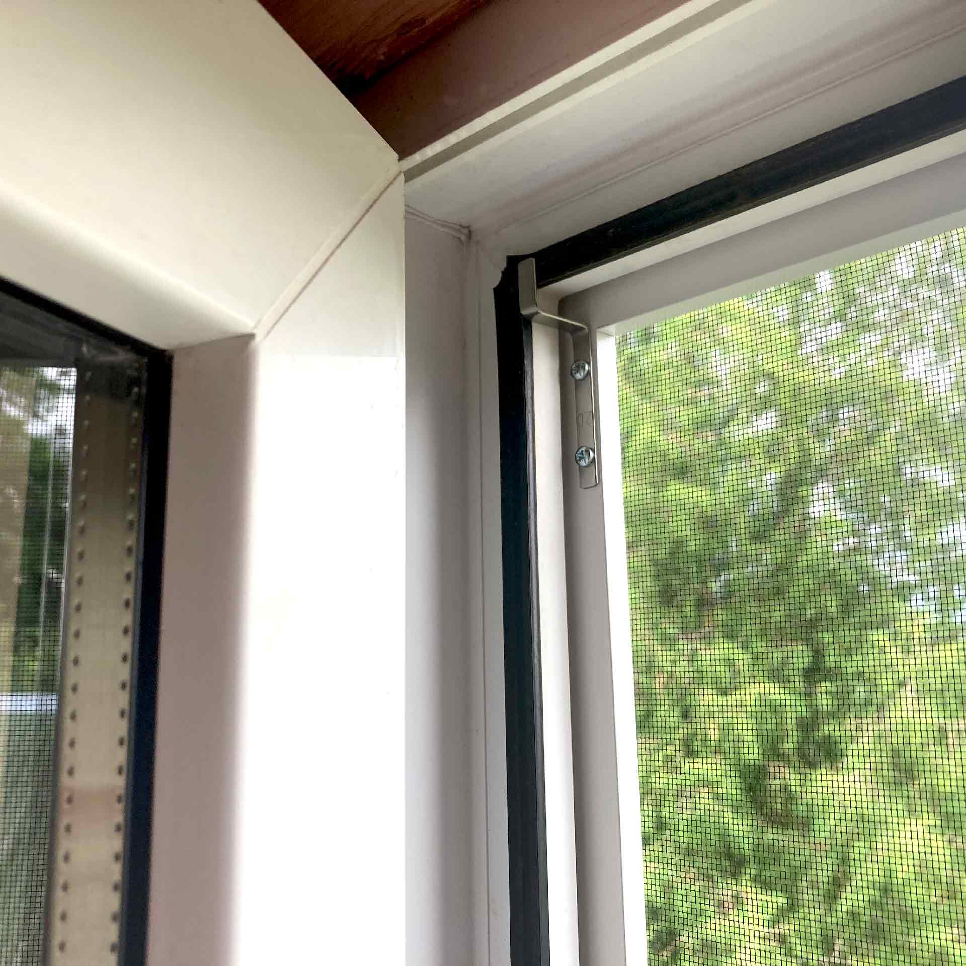 Insect_net_frame_09 Close-up of Fliegengitter Fenster - mit Rahmen: white border, insect net in frame, trees visible outside.